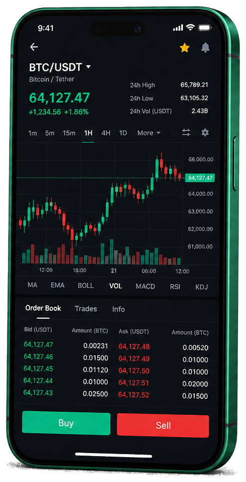 Application mobile Senerum — graphique BTC/USDT en direct, carnet d’ordres et outils de trading